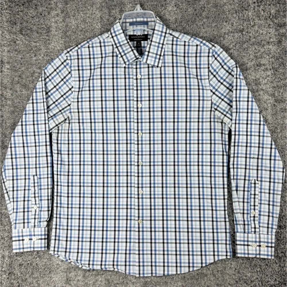 Banana Republic Men's M Blue‎ Plaid Untucked Fit Wrinkle Resistant Shirt Preppy